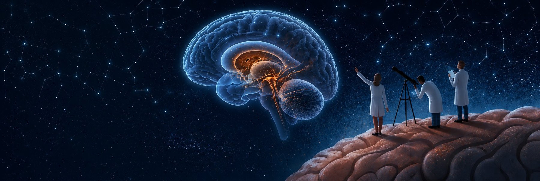 Glowing brain in a starry cosmos with three scientists observing it from a brain-shaped landscape