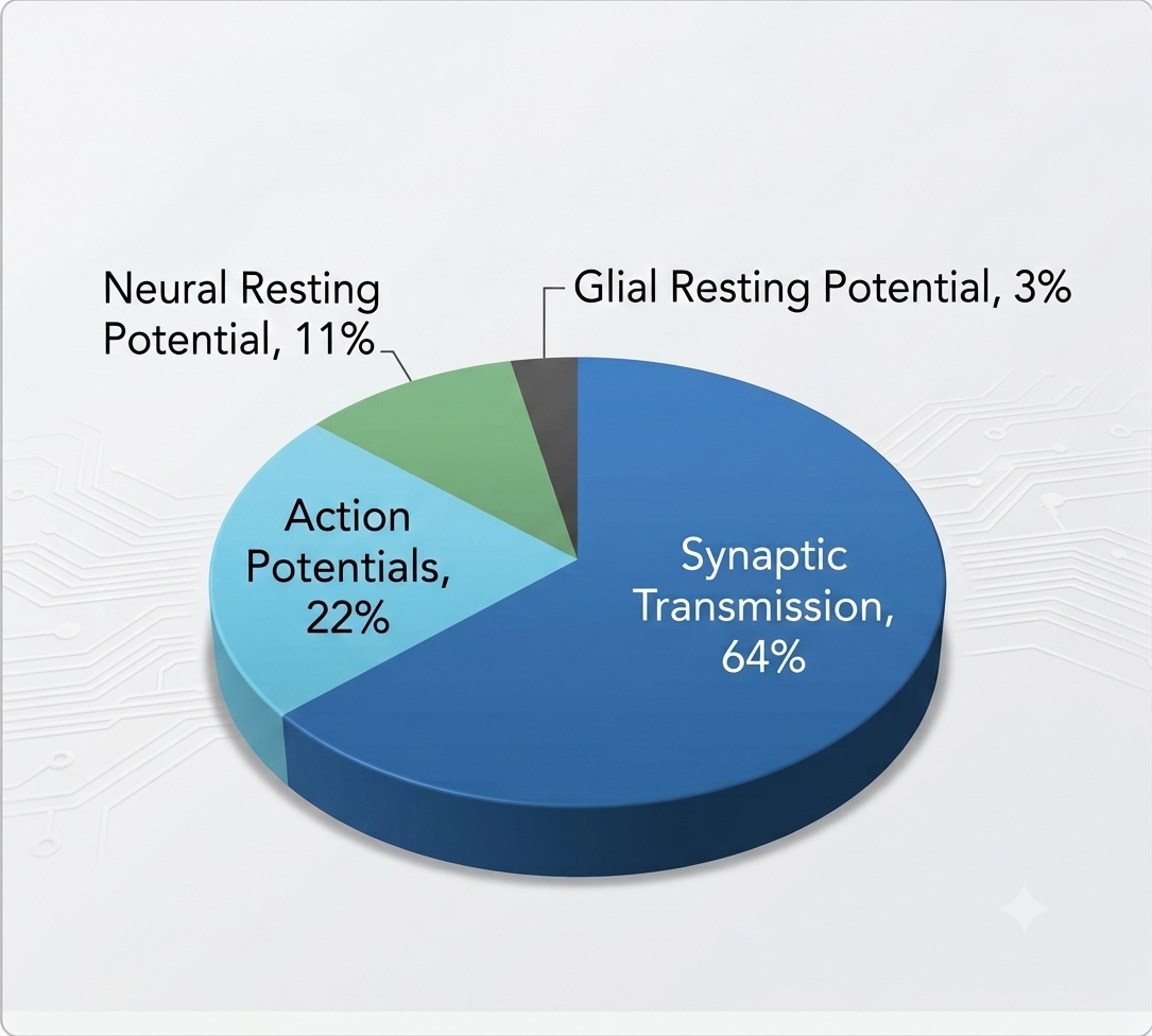 Pie chart breaking down the brain's signaling energy budget: synaptic transmission 64 percent, action potentials 22 percent, neural resting potential 11 percent, glial resting potential 3 percent